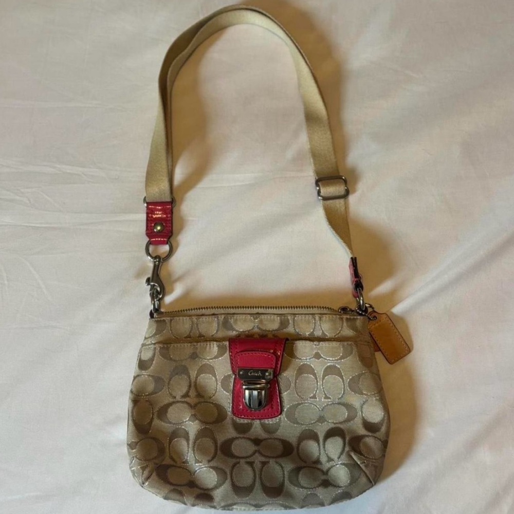 Coach Tan and Pink Vintage Crossbody Bag with Sparkles & Silver Clasp